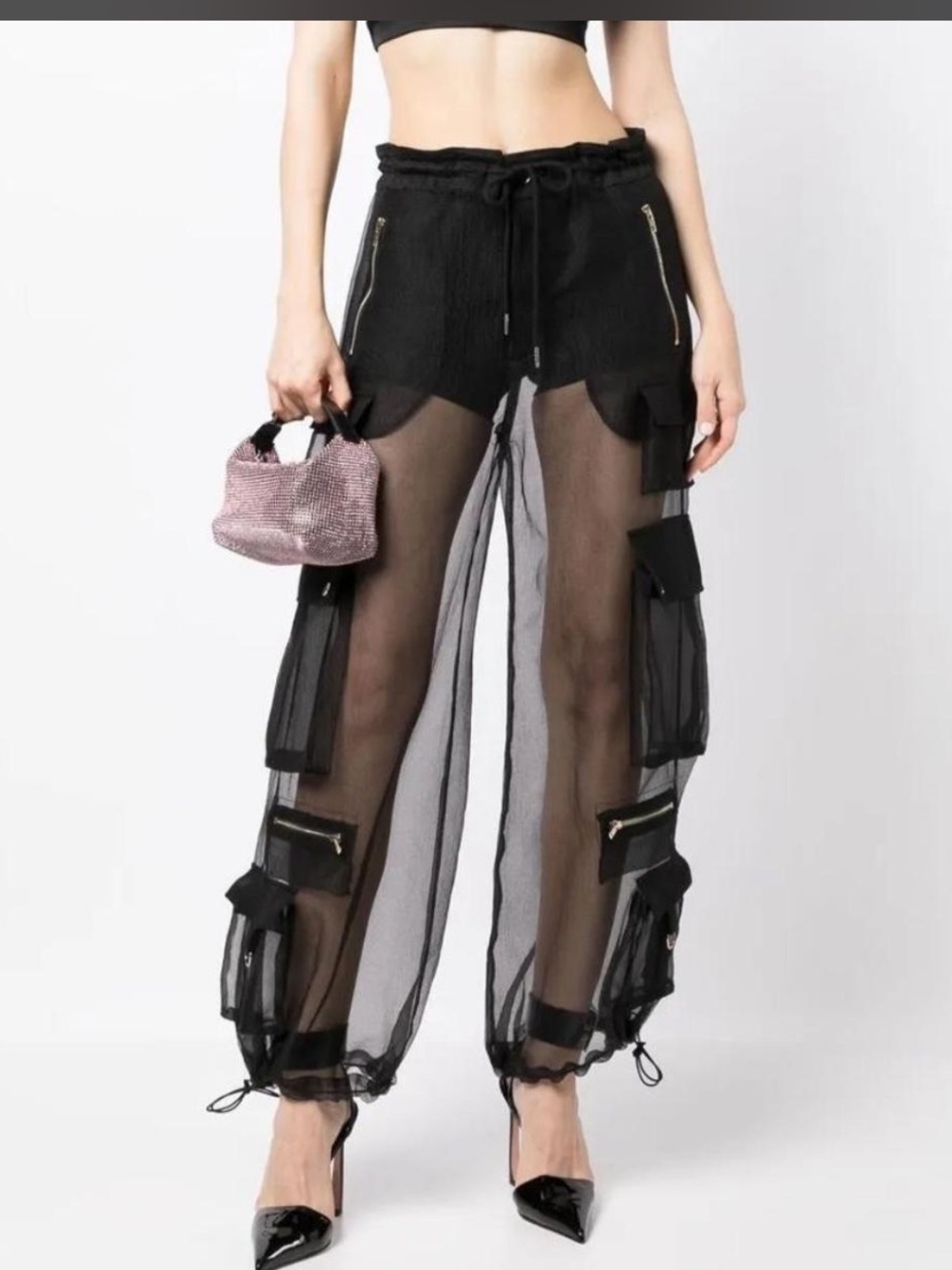 Cynthia Rowley Black Sheer Cargo Mesh Pants with Drawstring Waist
